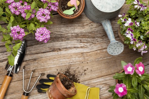 Landscapers Hayes creating a planned garden design with structured outdoor features